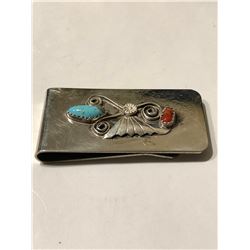 Beautiful Sterling Silver Turquoise red Coral Native American Money Clip