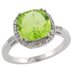 Natural 4.11 ctw Peridot & Diamond Engagement Ring 14K White Gold - REF-48X2A