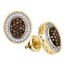 0.50 CTW Cognac-brown Color Diamond Oval Cluster Earrings 10KT Yellow Gold - REF-30N2F