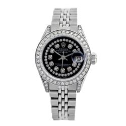 Rolex Pre-owned 26mm Womens Custom Black String Diamonds Stainless Steel - REF-510N3H