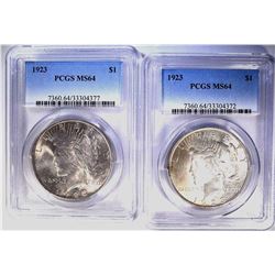 (2) 1923 PEACE SILVER DOLLARS, PCGS MS-64