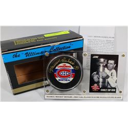 MAURICE RICHARD SIGNED HOCKEY PUCK FRAMED.