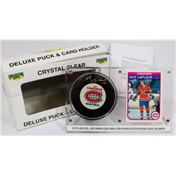 GUY LAFLEUR SIGNED HOCKEY PUCK FRAMED.