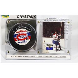 JEAN BELIVEAU AUTOGRAPHED HOCKEY PUCK IN HOLDER.