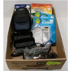FLAT OF ASSORTED ITEMS INCLUDING CALCULATORS,
