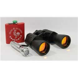 OPTRZ 2050 BINOCULARS, FLASK, LED FLASHLIGHT