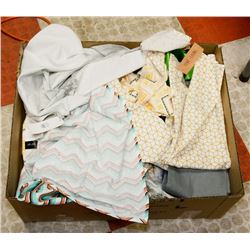 BOX OF ASSORTED DISH TOWELS AND MORE