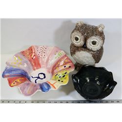 BOX OF POTTERY OWL, BOWLS