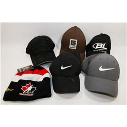 BLUE BIN W/5 BASEBALL CAPS & 1 CANADA