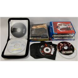 BOX OF CD, DVD, BLURAYS.