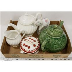 FLAT OF VINTAGE MADE IN ENGLAND TEA POTS AND MORE