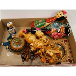 WOODEN ORNAMENTALS INCL NESTING DOLLS.