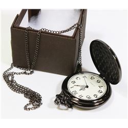NEW BLACK POCKET WATCH ON NECKLACE CHAIN.