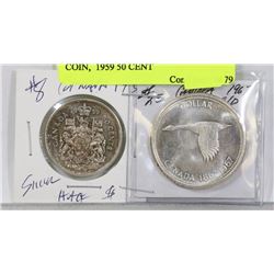 LOT OF 2 CANADA COINS1967 $1 COINS, 1959- 50 CENT