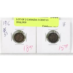 LOT OF 2 CANADA 5 CENT COINS 1916, 1919