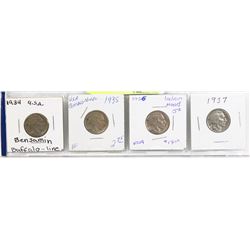 LOT OF 4 USA  1934-37 INDIAN HEAD BUFFALO NICKELS