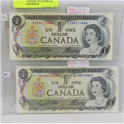 LOT OF 2 CANADA 1973 $1 BILLS, POKER HAND SERIAL