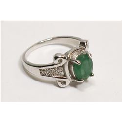 74) STERLING SILVER DIAMOND & GREEN STONE RING