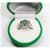 Image 2 : 74) STERLING SILVER DIAMOND & GREEN STONE RING