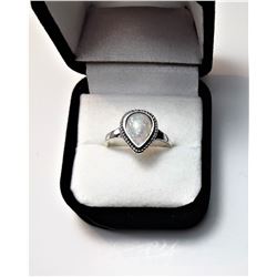 TEAR DROP WHITE FIRE OPAL AND SILVER TONE RING