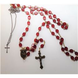 RED GLASS FLAT BEAD ROSARY WITH MEDAL CRUCIFIX