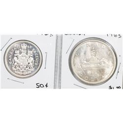 CANADA 1963 SILVER DOLLAR AND FIFTY CENT COINS.