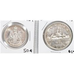 CANADA 1959 SILVER DOLLAR AND FIFTY CENT COINS.
