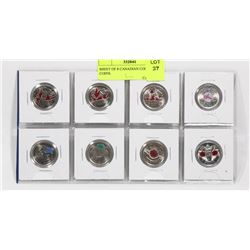 SHEET OF 8 CANADIAN COLORED COINS.
