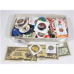 BOX OF COLLECTIBLES INCL BUTTONS, COINS AND