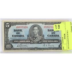 1937 CANADIAN $5.00 BILL.
