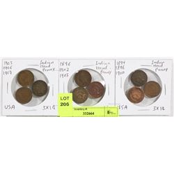 LOT OF 9 US INDIAN HEAD PENNIES, YEARS 1894-1907.