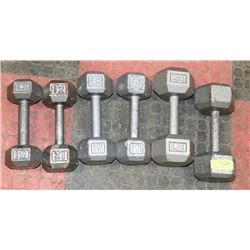 TWO 12LB WEIGHTS, TWO 15 LB WEIGHTS, TWO 25LB HAND
