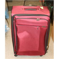BURGUNDY ROLLING SUITCASE.