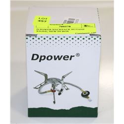 D POWER BACKPACK BUTANE STOVE, NEW IN BOX.
