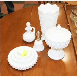6PC FENTON HOBNAIL MILK GLASS INCL BELL,CREAMER,
