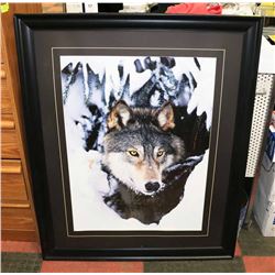 LARGE WOOD FRAMED WOLF PICTURE