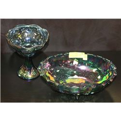 BLUE CARNIVAL GLASS CANDY DISH & FRUIT BOWL.