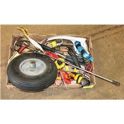 ESTATE FLAT OF TOOLS INCLUDES WHEEL BARREL TIRE.