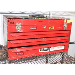 RED 3 DRAWER METAL TOOL BOX WITH TOOLS.