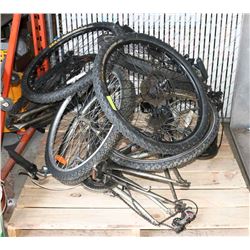 PALLET OF BIKE FRAMES, TIRES, AND PARTS INCL GEAR