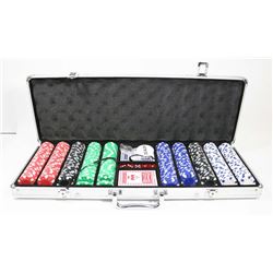 POKER CHIP SET INCLUDES DICE, CARDS AND CHIPS.