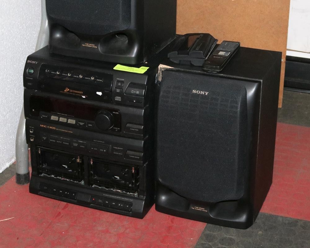 SONY STEREO W/ DUAL CASSETTE DECK AND CD CHANGER.