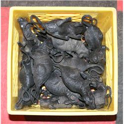 MILK CRATE WITH NOVELTY RAT FIGURINES.