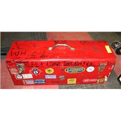 LARGE RED BEACH TOOL BOX FILLED WITH TOOLS.