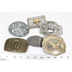 BOX W/ 6 WESTERN THEMED BELT BUCKLES.