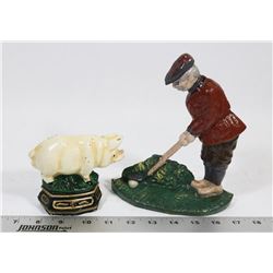 HEAVY CAST IRON GOLFER AND PIG DOORSTOPS.