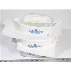 3 CORNINGWARE CASSEROLE DISHES.