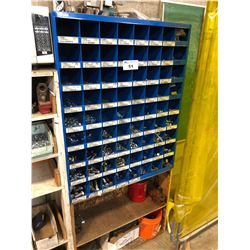 72 BAY PARTS BIN WITH ASSORTED HARDWARE & MORE
