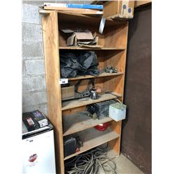 WOODEN SHELF WITH CONTENTS INCLUDING: BATTERIES, HARDWARE, WELDING CABLE & MORE