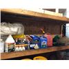 Image 1 : SHELF LOT OF ASSORTED FLUIDS: ANTI-FREEZE, BRAKE FLUID, SPILL PADS & MORE